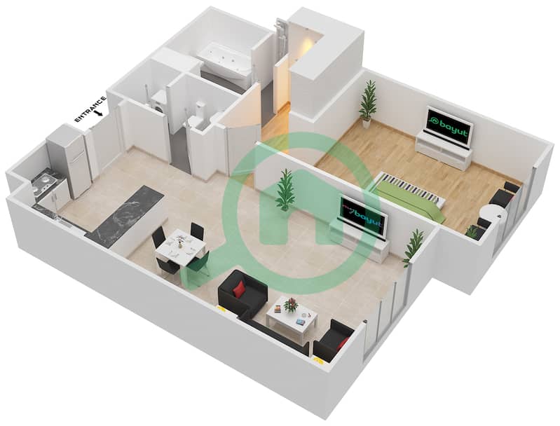 المخططات الطابقية لتصميم النموذج 1B شقة 1 غرفة نوم - الريانة interactive3D