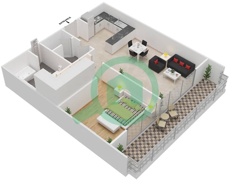 Al Rayyana - 1 Bedroom Apartment Type 1C Floor plan interactive3D
