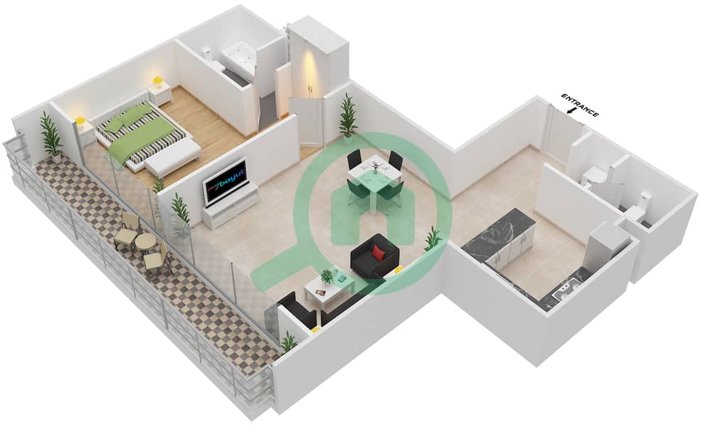 المخططات الطابقية لتصميم النموذج 1D شقة 1 غرفة نوم - الريانة interactive3D