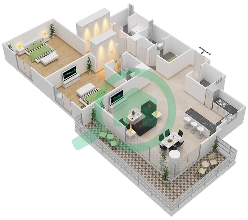 المخططات الطابقية لتصميم النموذج A شقة 2 غرفة نوم - الريانة interactive3D