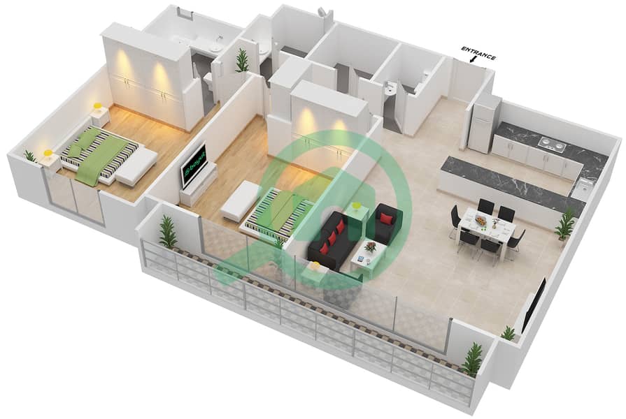 Al Rayyana - 2 Bedroom Apartment Type 2B Floor plan interactive3D