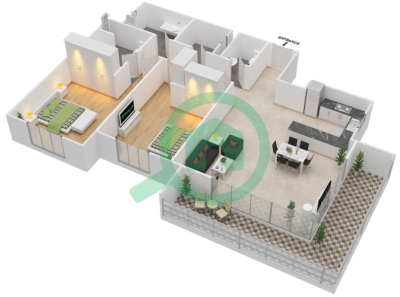 المخططات الطابقية لتصميم النموذج 2C شقة 2 غرفة نوم - الريانة interactive3D