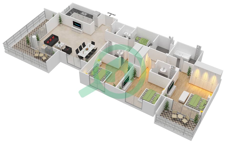 Аль Райяна - Апартамент 3 Cпальни планировка Тип 3A interactive3D