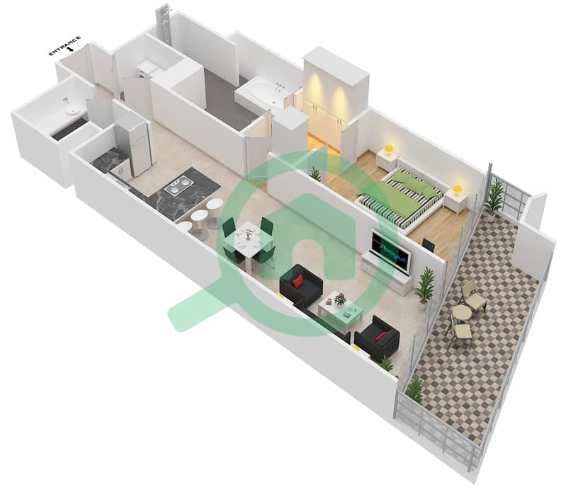 المخططات الطابقية لتصميم النموذج A شقة 1 غرفة نوم - ماريا بلازا interactive3D