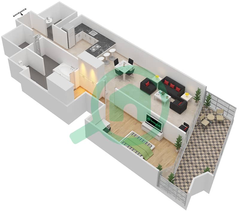 المخططات الطابقية لتصميم النموذج B شقة 1 غرفة نوم - ماريا بلازا interactive3D