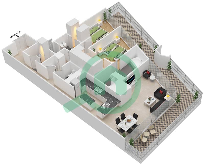 Марьях Плаза - Апартамент 2 Cпальни планировка Тип E interactive3D