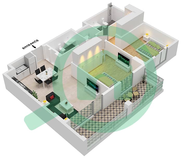 المخططات الطابقية لتصميم النموذج 1A شقة 2 غرفة نوم - لا فوال interactive3D