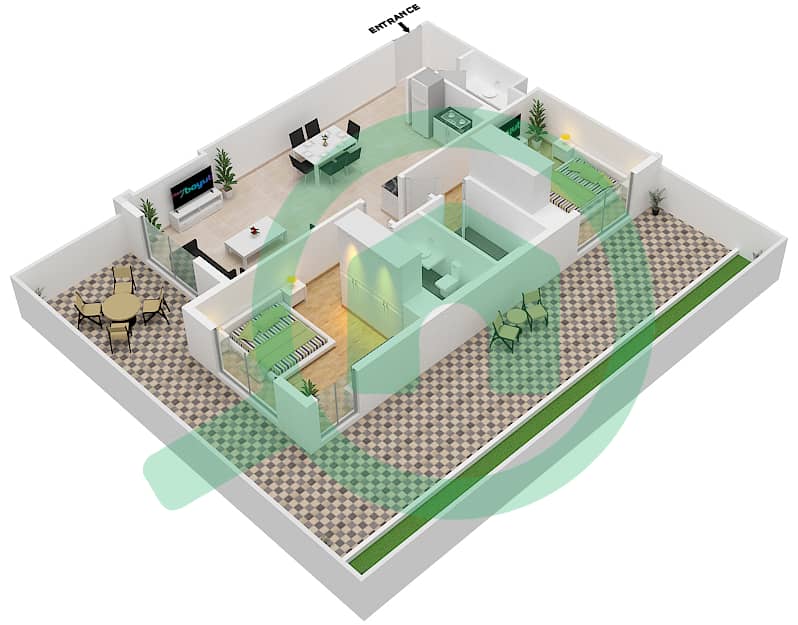 المخططات الطابقية لتصميم الوحدة 18 FLOOR 01 شقة 2 غرفة نوم - عزيزي ستار Floor 01 interactive3D