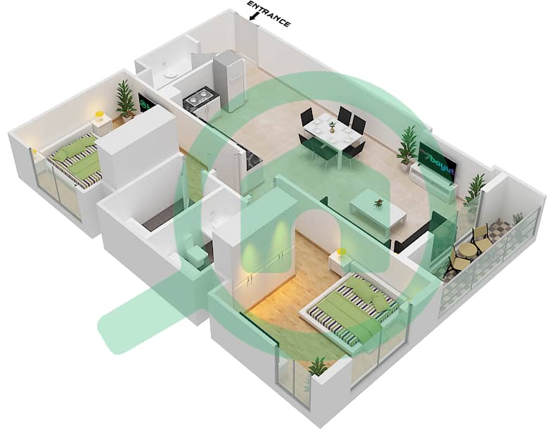 Azizi Star - 2 Bedroom Apartment Unit 1 FLOOR 02-11 Floor plan Floor 02-11 interactive3D