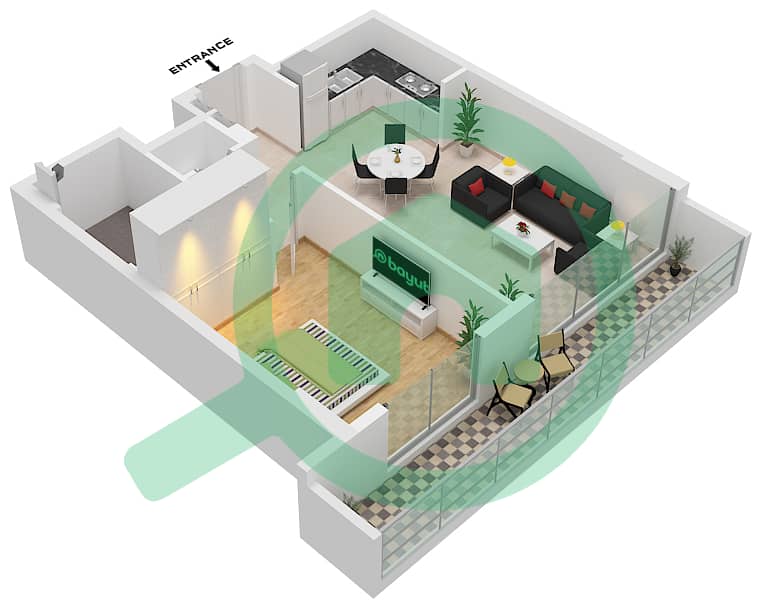 المخططات الطابقية لتصميم النموذج A1- FLOOR -1 شقة 1 غرفة نوم - ميرتل Level -1 interactive3D