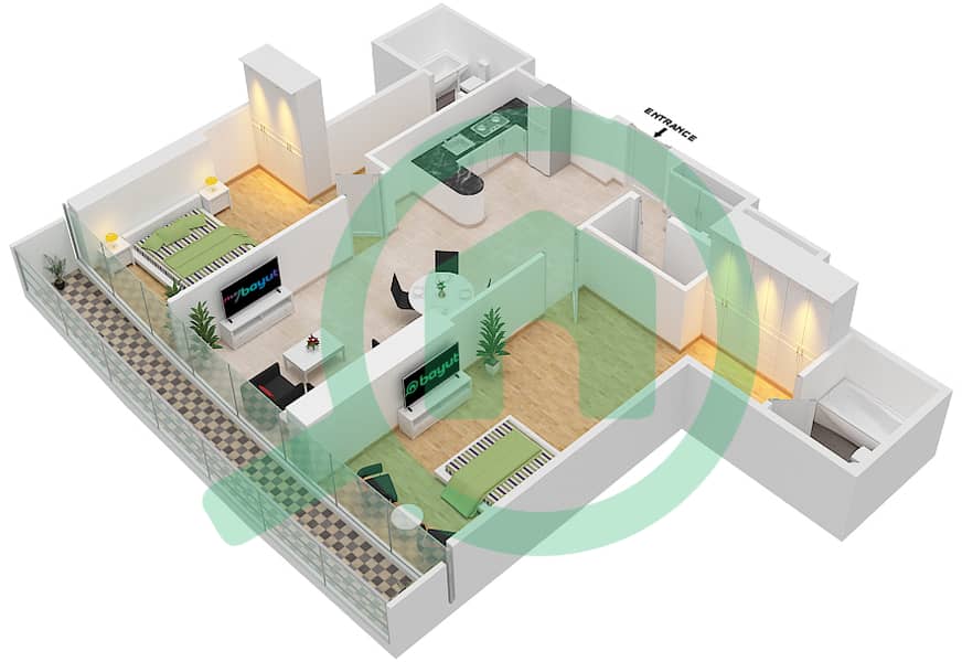 Marina Bay By DAMAC - 2 Bedroom Apartment Type 401 Floor plan Floor - 4th interactive3D