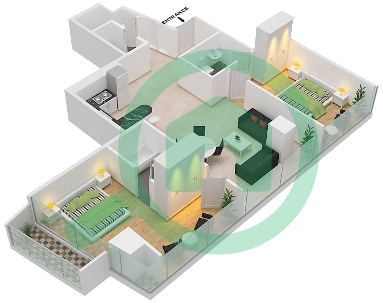 Marina Bay By DAMAC - 2 Bedroom Apartment Unit 403 Floor plan Floor - 4th interactive3D