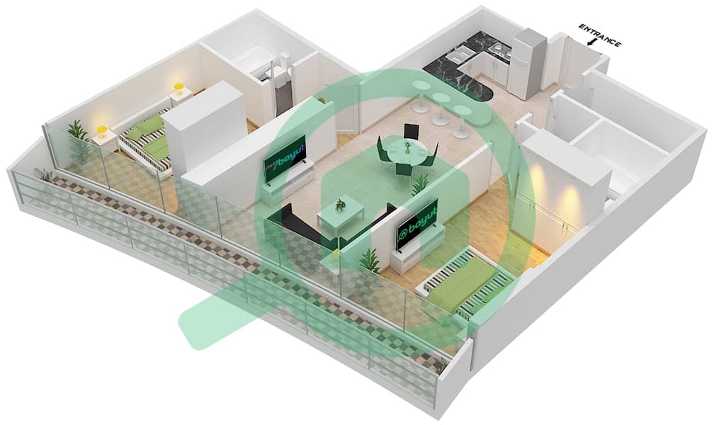 المخططات الطابقية لتصميم الوحدة 405 شقة 2 غرفة نوم - مارينا باي من داماك Floor - 4th interactive3D