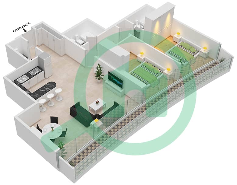 Marina Bay By DAMAC - 2 Bedroom Apartment Unit 407 Floor plan Floor - 4th interactive3D