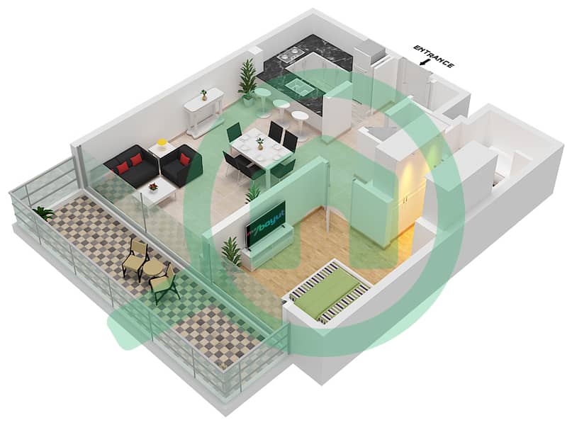 المخططات الطابقية لتصميم الوحدة A1-107,108,109,110 شقة 1 غرفة نوم - مساكن فيدا 1 A1-107,108,109,110 - Level 1 interactive3D