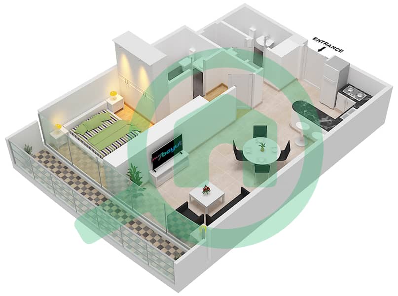 المخططات الطابقية لتصميم الوحدة 409 شقة 1 غرفة نوم - مارينا باي من داماك Floor - 4th interactive3D