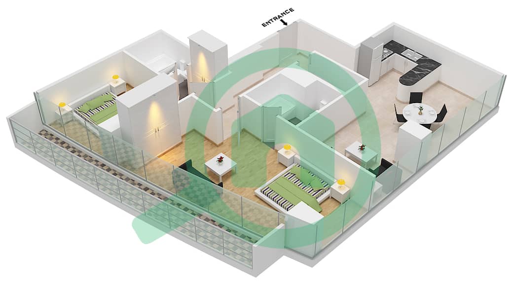 Marina Bay By DAMAC - 2 Bedroom Apartment Unit 410 Floor plan Floor - 4th interactive3D