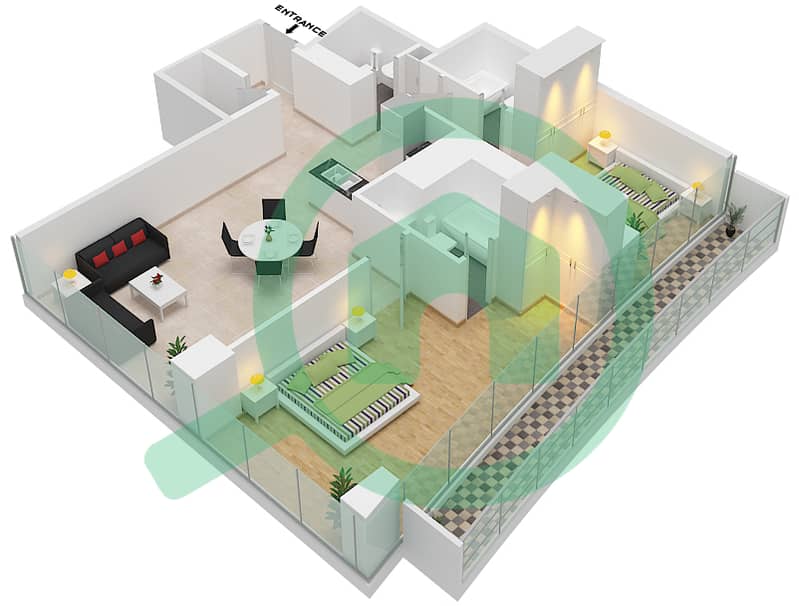 Marina Bay By DAMAC - 2 Bedroom Apartment Unit 411 Floor plan Floor - 4th interactive3D