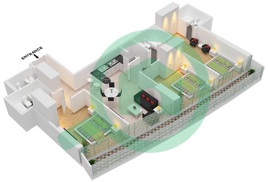 المخططات الطابقية لتصميم الوحدة 414 شقة 3 غرف نوم - مارينا باي من داماك Floor - 4th interactive3D