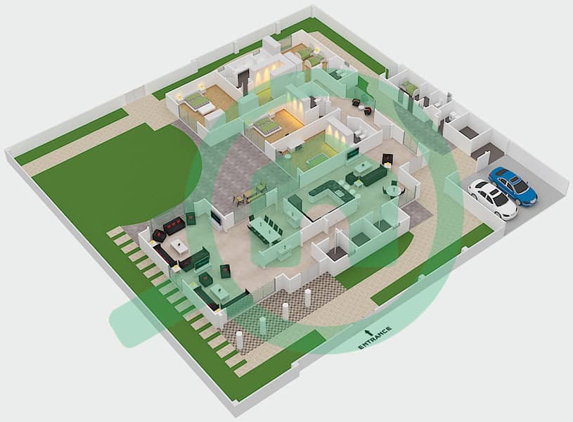 المخططات الطابقية لتصميم النموذج A فیلا 4 غرف نوم - منطقة البانجلو interactive3D