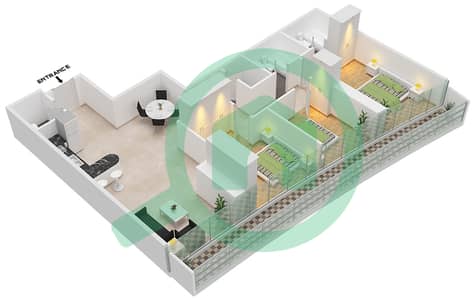 المخططات الطابقية لتصميم الوحدة 507 شقة 3 غرف نوم - مارينا باي من داماك