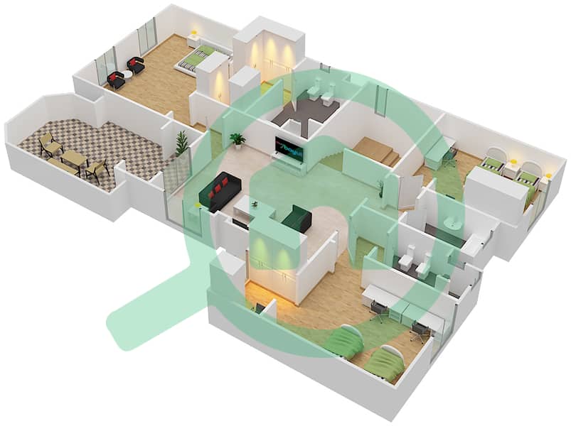 المخططات الطابقية لتصميم النموذج A تاون هاوس 3 غرف نوم - منطقة التاون هاوس First Floor interactive3D