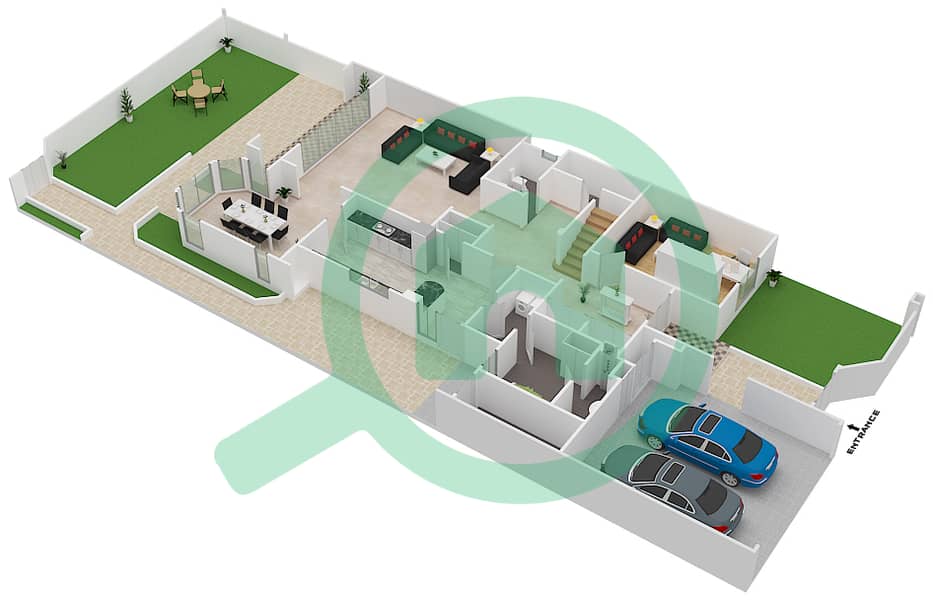 المخططات الطابقية لتصميم النموذج B تاون هاوس 3 غرف نوم - منطقة التاون هاوس Ground Floor interactive3D