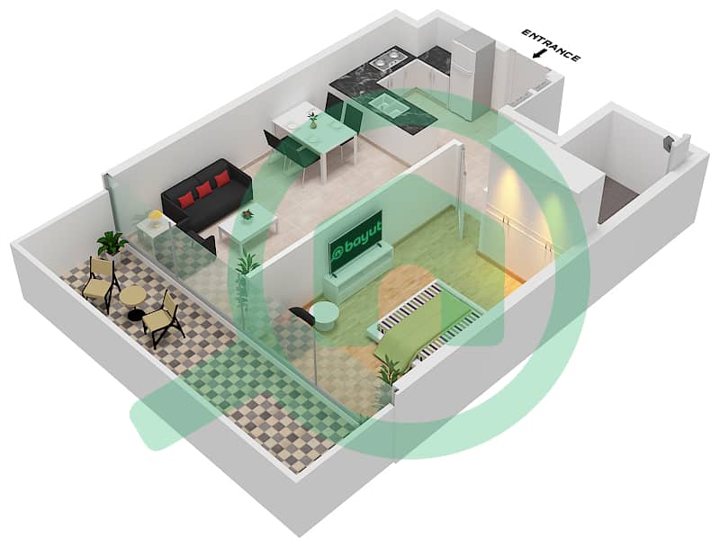 المخططات الطابقية لتصميم النموذج A شقة 1 غرفة نوم - أليكسيس تاور interactive3D