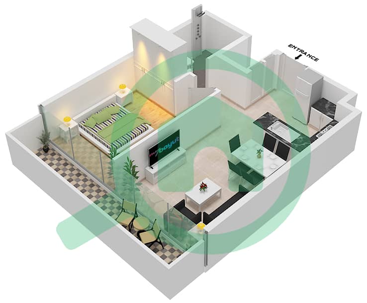 المخططات الطابقية لتصميم النموذج B شقة 1 غرفة نوم - أليكسيس تاور interactive3D