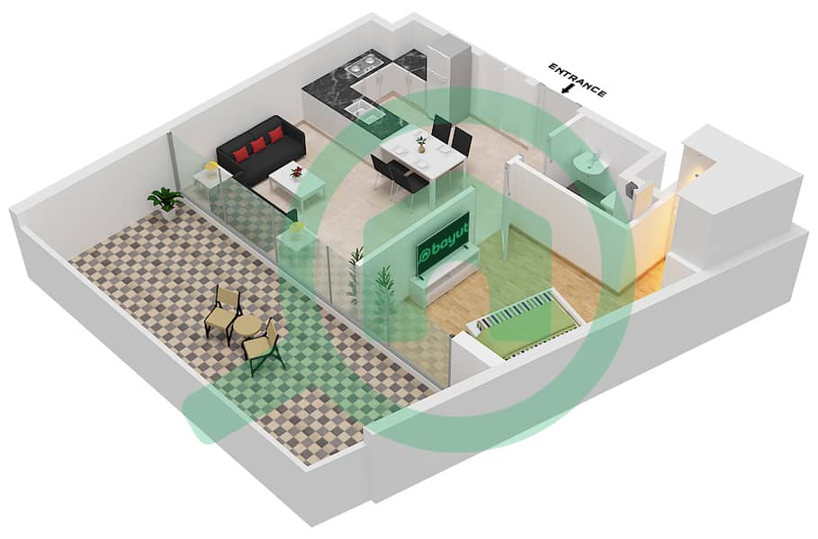 المخططات الطابقية لتصميم النموذج F شقة 1 غرفة نوم - أليكسيس تاور interactive3D