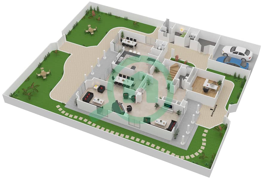 المخططات الطابقية لتصميم النموذج A فیلا 4 غرف نوم - فلل فاميلي Ground Floor interactive3D
