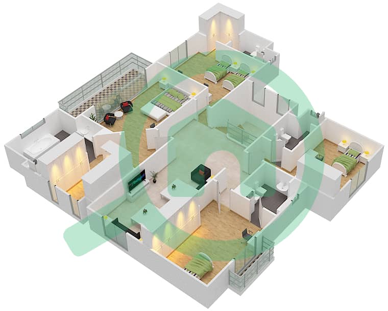 المخططات الطابقية لتصميم النموذج B فیلا 4 غرف نوم - فلل فاميلي First Floor interactive3D