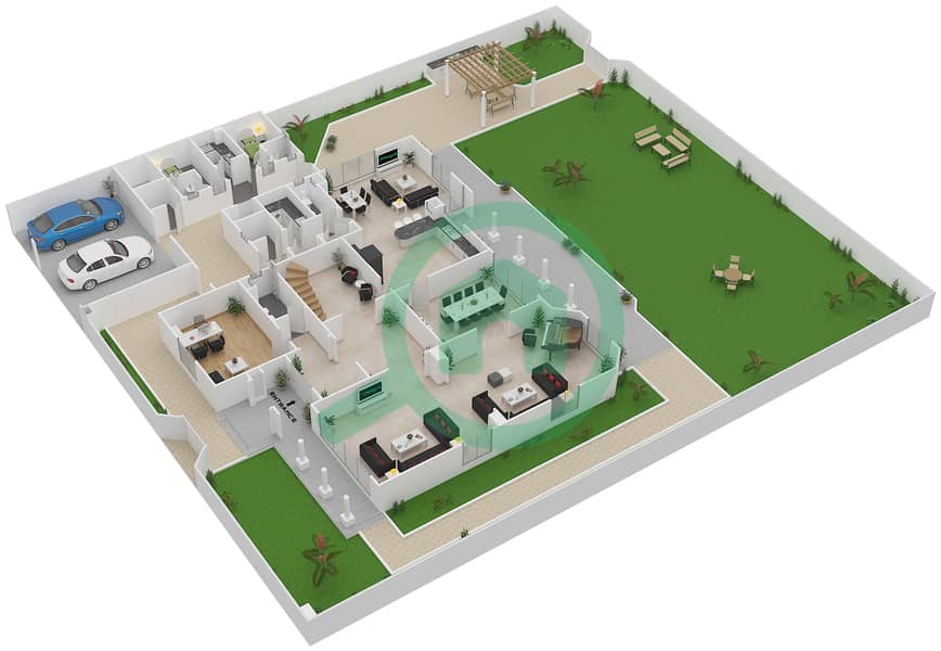 المخططات الطابقية لتصميم النموذج A فیلا 5 غرف نوم - جرين كوميونيتي الشرق Ground Floor interactive3D