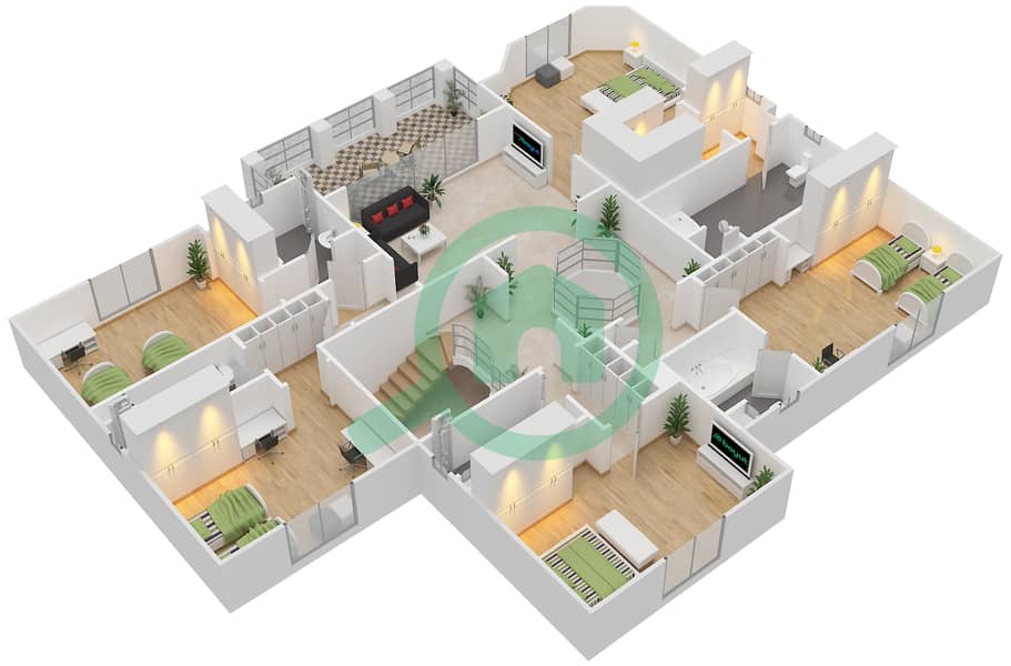 المخططات الطابقية لتصميم النموذج A فیلا 5 غرف نوم - جرين كوميونيتي الشرق First Floor interactive3D