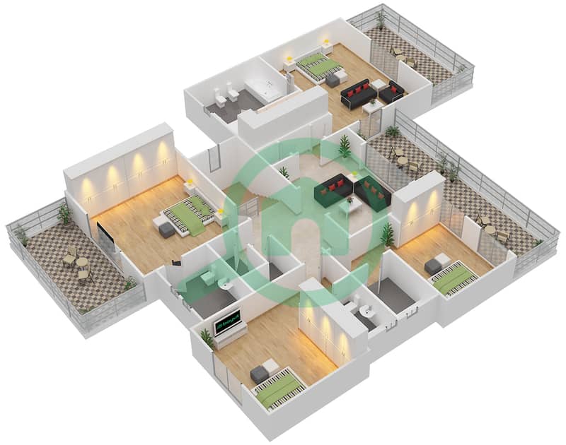المخططات الطابقية لتصميم النموذج 1 فیلا 4 غرف نوم - غرناطة First Floor interactive3D