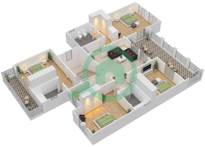 المخططات الطابقية لتصميم النموذج 2 فیلا 5 غرف نوم - قرطبة First Floor interactive3D