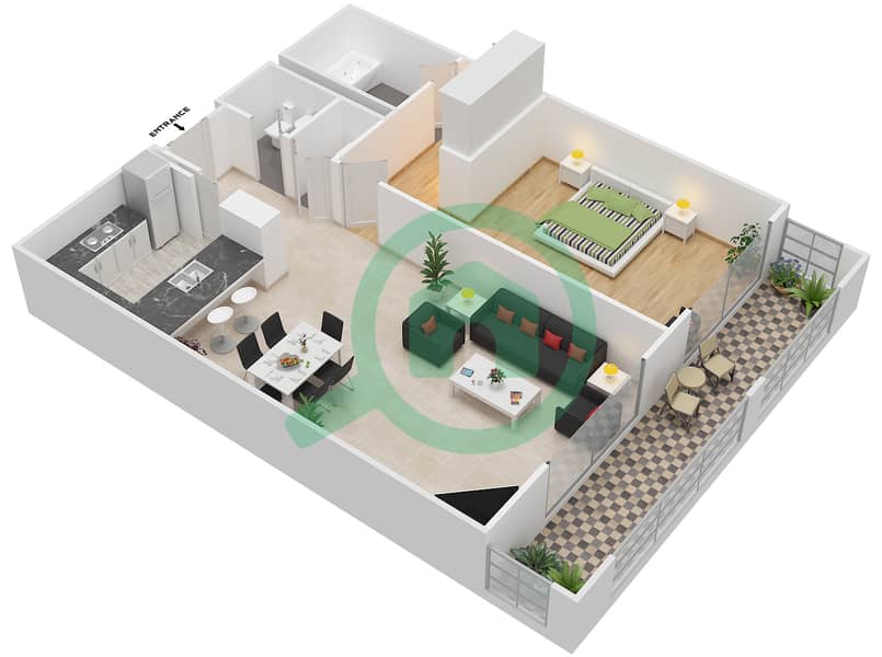 图里亚大厦A座 - 1 卧室公寓套房6,14戶型图 interactive3D