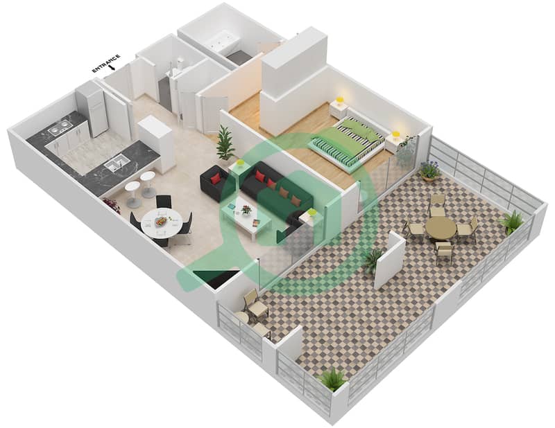 图里亚大厦A座 - 1 卧室公寓套房9,11戶型图 interactive3D