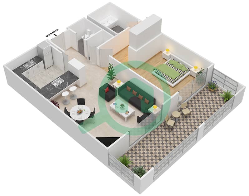 图里亚大厦A座 - 1 卧室公寓套房7A戶型图 interactive3D