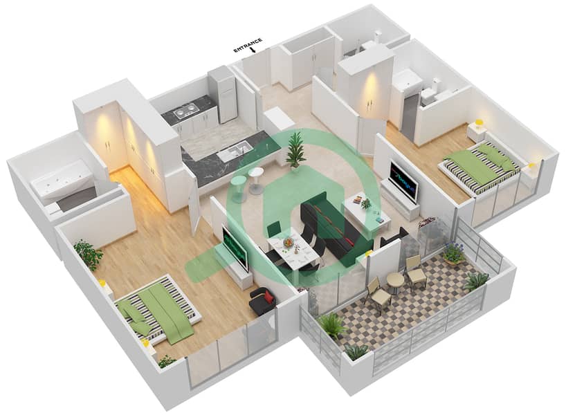 图里亚大厦A座 - 2 卧室公寓套房2戶型图 interactive3D