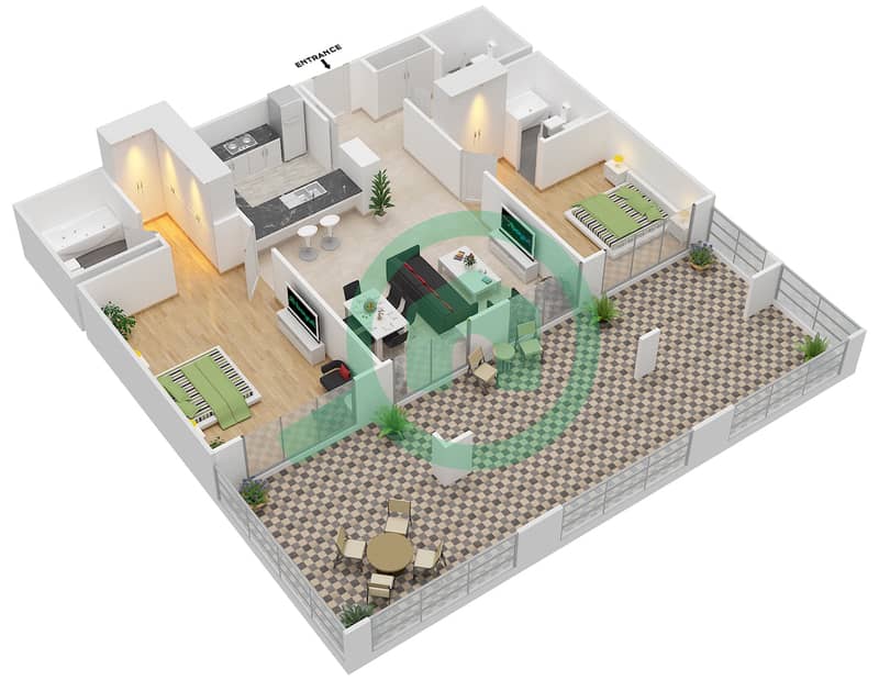 المخططات الطابقية لتصميم التصميم 2B شقة 2 غرفة نوم - برج توريا A interactive3D