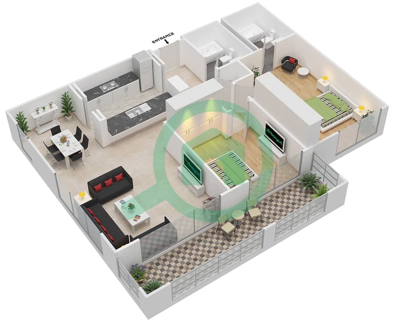 المخططات الطابقية لتصميم التصميم 4,17 شقة 2 غرفة نوم - برج توريا A interactive3D