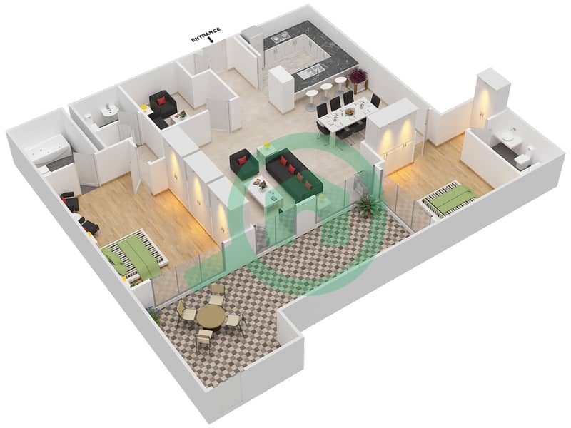 图里亚大厦A座 - 2 卧室公寓套房5戶型图 interactive3D