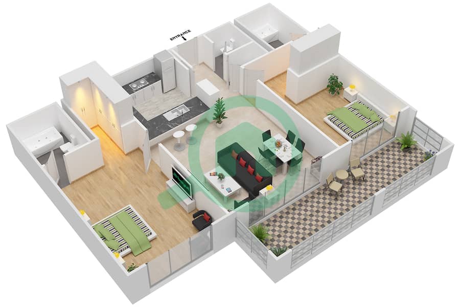 المخططات الطابقية لتصميم التصميم 7A شقة 2 غرفة نوم - برج توريا A interactive3D