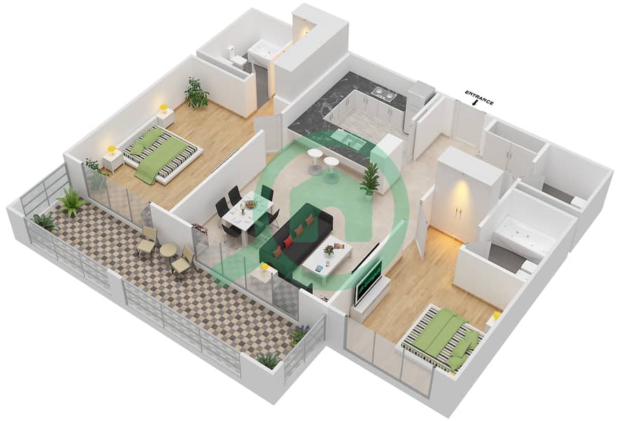 المخططات الطابقية لتصميم التصميم 8,12,19,20,21,24 شقة 2 غرفة نوم - برج توريا A interactive3D