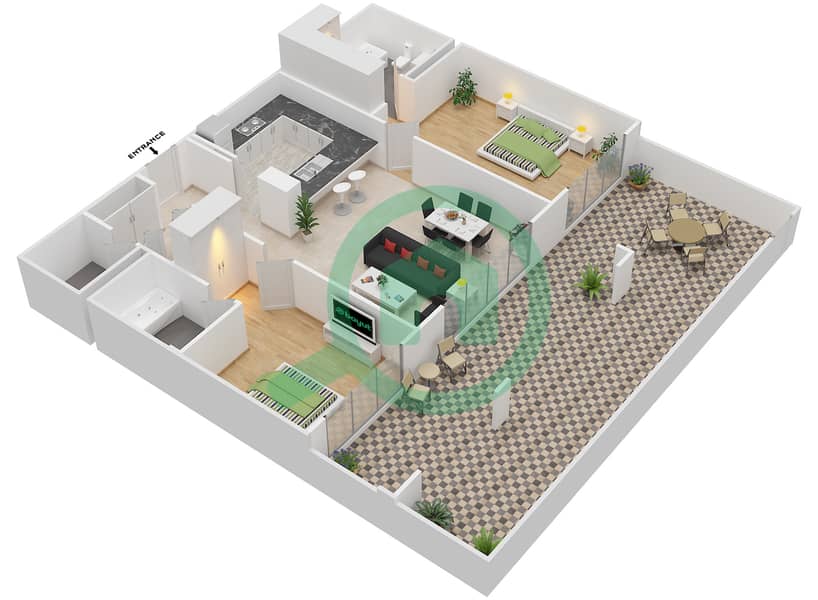 图里亚大厦A座 - 2 卧室公寓套房8,12,20戶型图 interactive3D