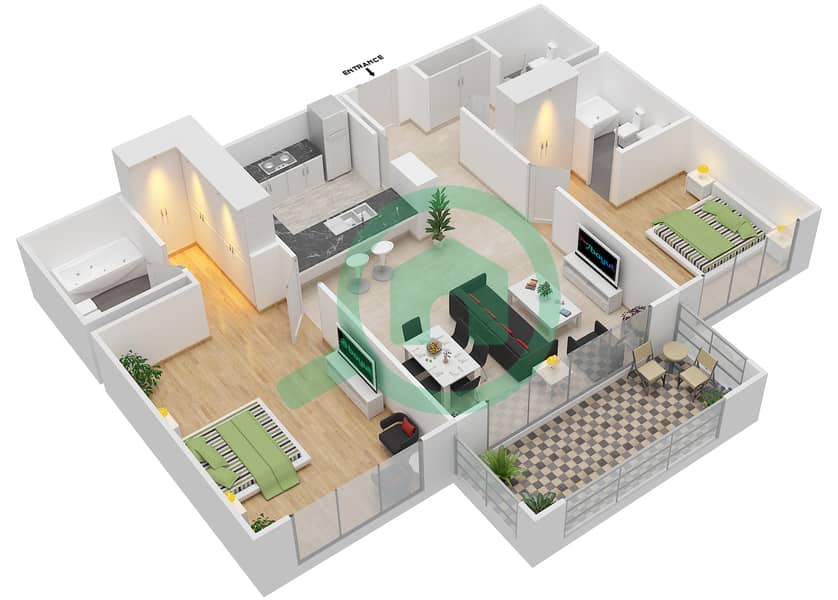 المخططات الطابقية لتصميم التصميم 10,22 شقة 2 غرفة نوم - برج توريا A interactive3D