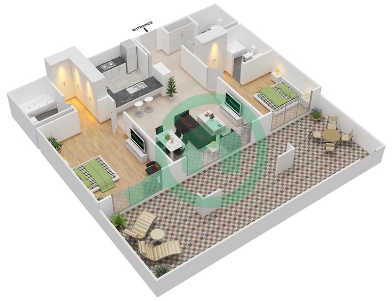 图里亚大厦A座 - 2 卧室公寓套房10戶型图 interactive3D