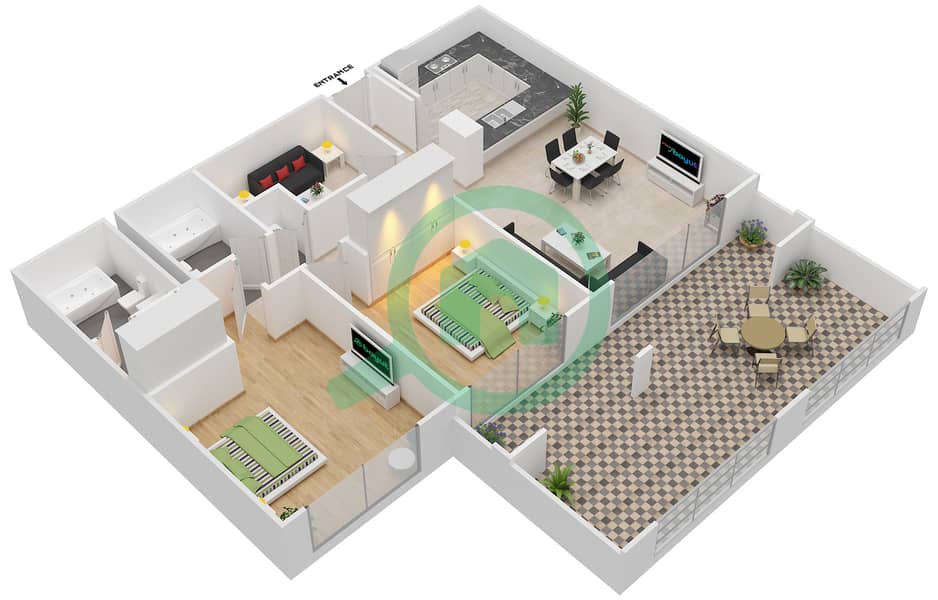 Тауэр Турья A - Апартамент 2 Cпальни планировка Гарнитур, анфилиада комнат, апартаменты, подходящий 13 interactive3D