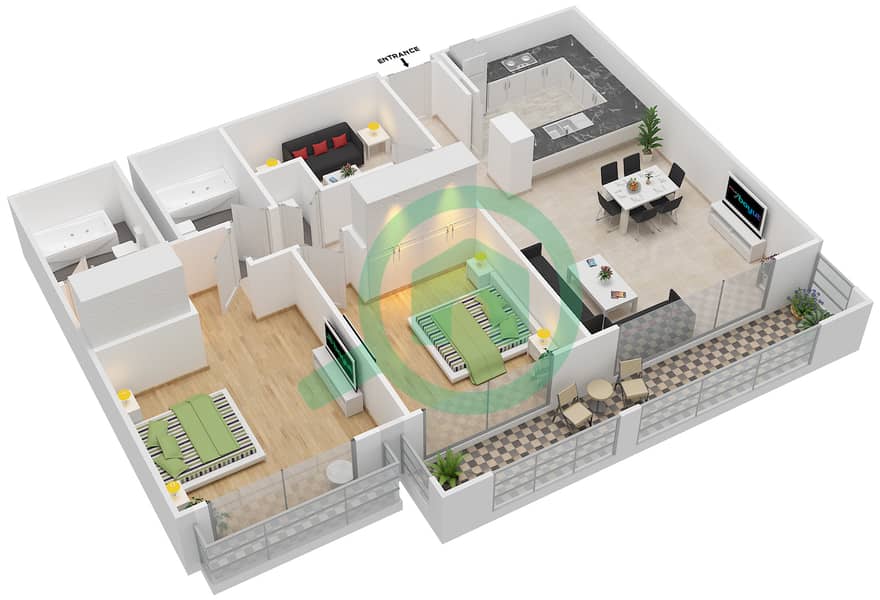 المخططات الطابقية لتصميم التصميم 13A شقة 2 غرفة نوم - برج توريا A interactive3D